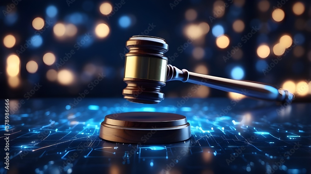 high-tech blue A digital gavel encircled by digital data on a blue Bokeh background, symbolizing the function of artificial intelligence in business justice. judge Hammer. high-tech blue A digital gavel encircled by digital data on a blue Bokeh background, symbolizing the function of artificial intelligence in business justice. judge Hammer.