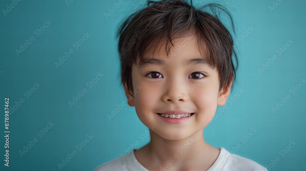 Smiling Young Asian Boy with Braces Against Blue Background, Dental Healt Care Concept. Back to School Dental Check Up Smiling Young Asian Boy with Braces Against Blue Background, Dental Healt Care Concept. Back to School Dental Check Up