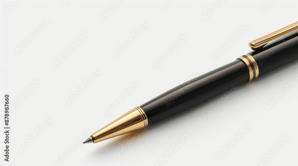 A single black and gold pen in a paper case on a white background A single black and gold pen in a paper case on a white background