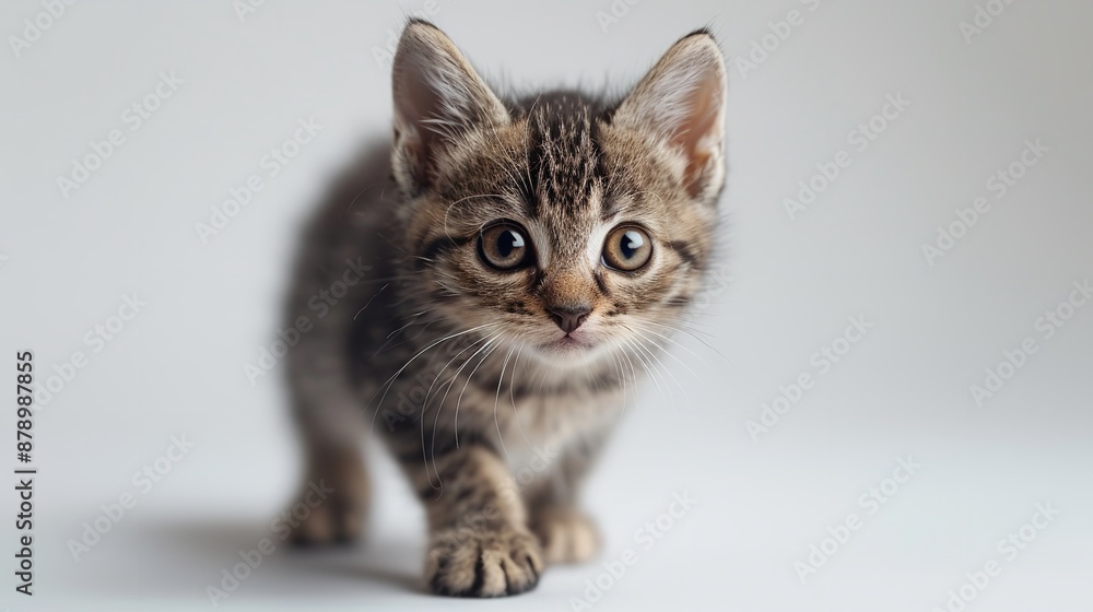 Obraz premium A playful and innocent fluffy kitten, cute and adorable, against a white background.