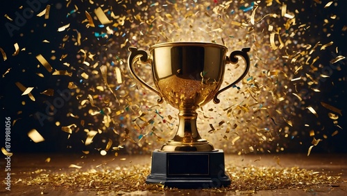 Sparkles gold background with a winners cup. Champion golden trophy on gold background. Concept of success and achievement.
