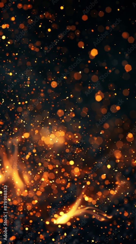 Obraz premium Fire embers particles over black background. Fire sparks background. Abstract dark glitter fire particles lights