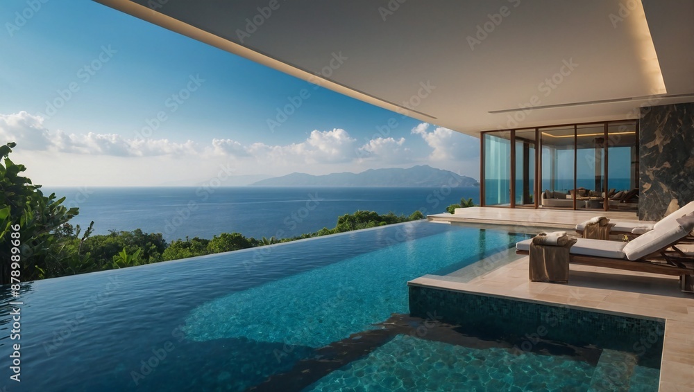 Fototapeta premium Luxurious beachfront residence featuring a private rooftop infinity pool with panoramic views of the Pacific Ocean in Malibu, California 