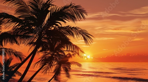 Silhouettes of Palm Trees at Sunset Over the Ocean