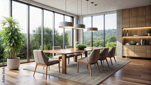 Modern dining room with minimalist furniture and natural lighting, creating an elegant ambiance, sleek