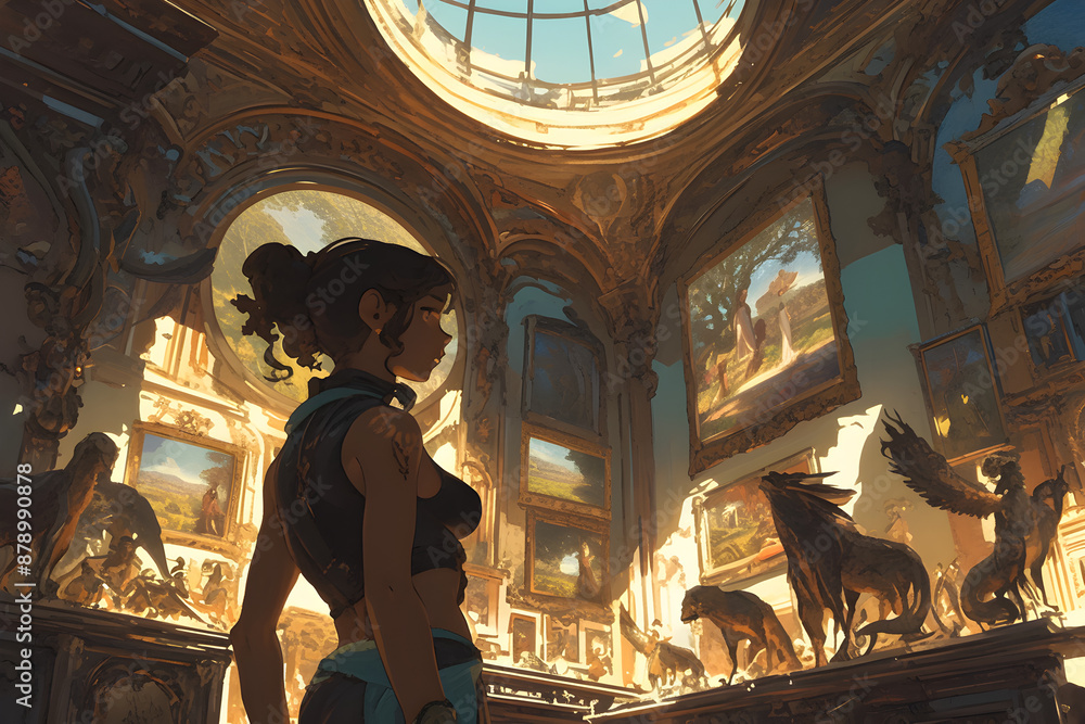 Girl wandering through a museum exhibition with a sunny day view outside the window. Ancient artifacts and historical paintings create a captivating atmosphere. Anime style, Cozy vibes Girl wandering through a museum exhibition with a sunny day view outside the window. Ancient artifacts and historical paintings create a captivating atmosphere. Anime style, Cozy vibes