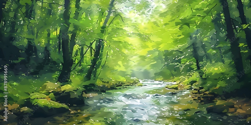 Tranquil forest stream in digital painting style perfect for promoting ecotourism. Concept Digital Painting, Tranquil Forest Stream, Ecotourism, Nature, Water Stream Tranquil forest stream in digital painting style perfect for promoting ecotourism. Concept Digital Painting, Tranquil Forest Stream, Ecotourism, Nature, Water Stream