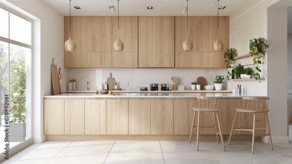 A Scandinavian-style kitchen with light wood cabinets, white countertops, and minimalist decor, creating a clean and calming environment. A Scandinavian-style kitchen with light wood cabinets, white countertops, and minimalist decor, creating a clean and calming environment.