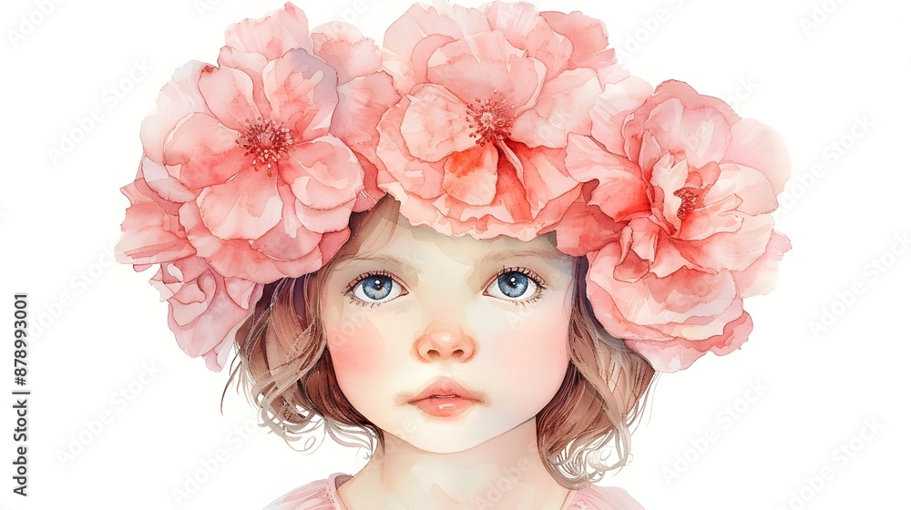Cute Girl in Pink Flower Headdress Artful Watercolor Nursery Cute Girl in Pink Flower Headdress Artful Watercolor Nursery