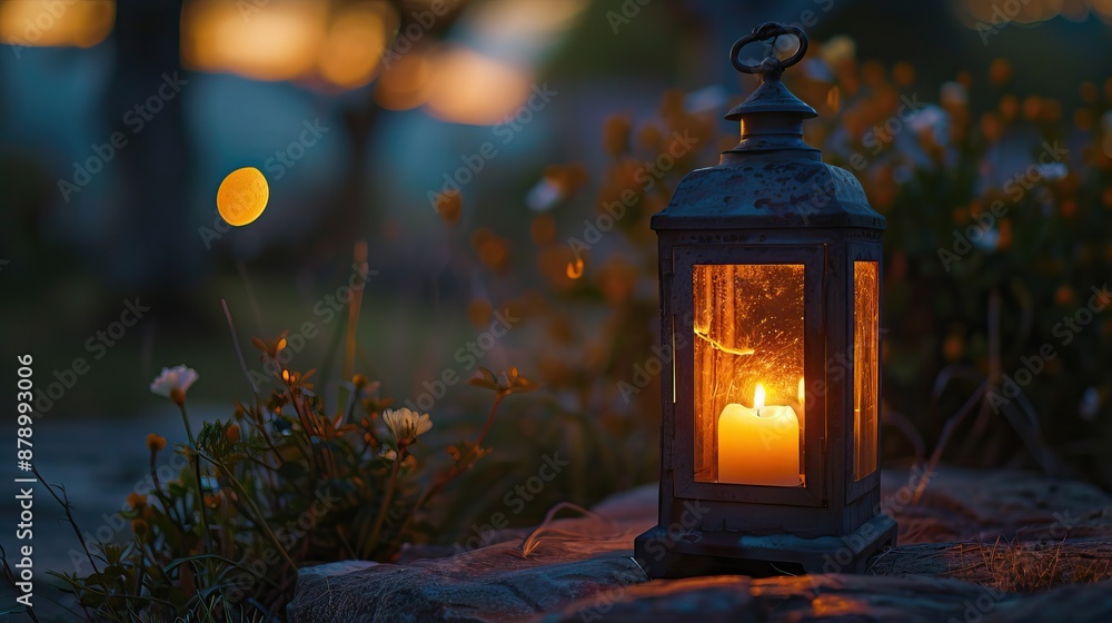 Lit lantern with a glowing candle inside placed outdoors at dusk, creating a warm ambiance Lit lantern with a glowing candle inside placed outdoors at dusk, creating a warm ambiance