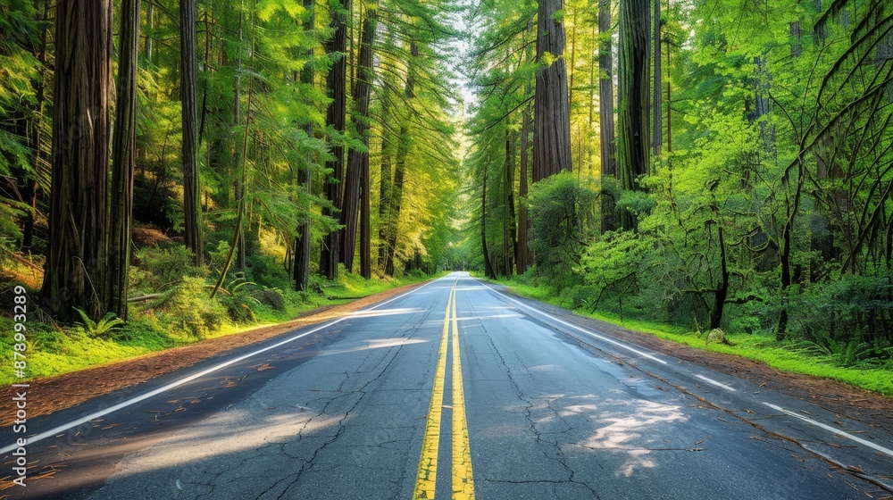 Fototapeta premium A scenic road through a national park, surrounded by towering redwoods and lush greenery, ideal for nature lovers.
