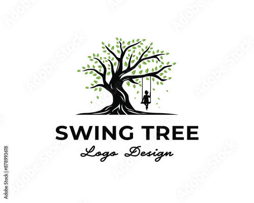 Kids sit down playing swing oak tree playground spring fall leaf logo design template illustration inspiration 