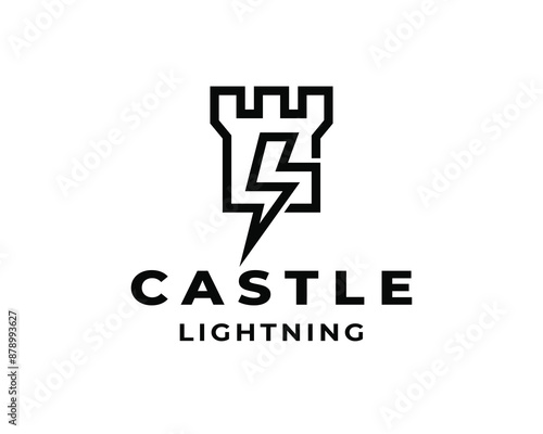 Castle wall lightning thunderbolt stylish line guard fortress architect logo design template illustration inspiration