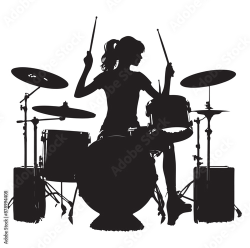 A drummer musician drumming drums vector silhouette