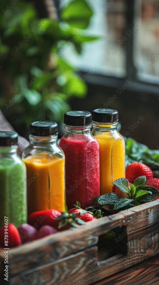 Four colorful smoothies in glass bottles, with fresh strawberries and mint leaves in a wooden crate Four colorful smoothies in glass bottles, with fresh strawberries and mint leaves in a wooden crate