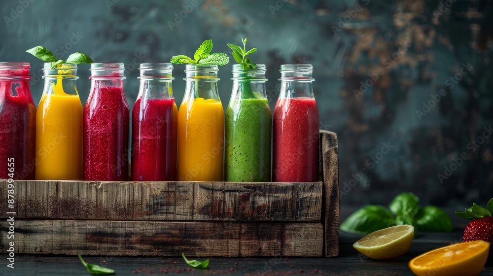 Six vibrant smoothies in glass bottles arranged in a crate on a dark table with fruit and herbs Six vibrant smoothies in glass bottles arranged in a crate on a dark table with fruit and herbs