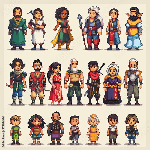 Diverse Group of Fantasy Characters in Pixel Art Style photo