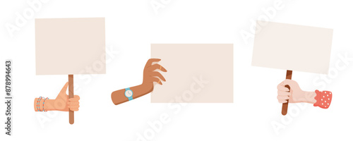 People hands show up blank empowerment flag set, woman raise template support sign, person parade strike board, character holding protest signboard, right activist hold revolution placard,