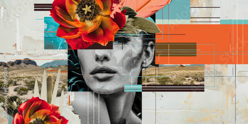 Abstract Digital Collage with Womans Face, Floral Elements, and Desert Landscape