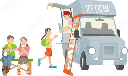 アイスクリームのキッチンカーで買い物をする子供達のイラスト