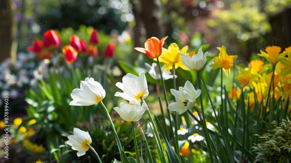 Fototapeta premium A serene Easter garden with blooming tulips, daffodils, and lilies, symbolizing the renewal of spring.