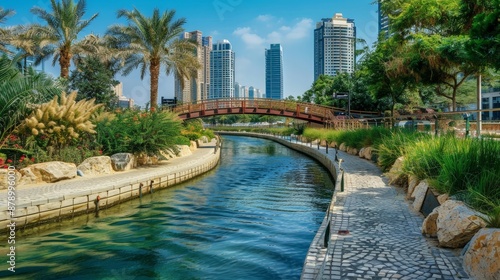 A scenic walk along the Dubai Water Canal, with its beautifully designed bridges and waterfront parks © peerawat
