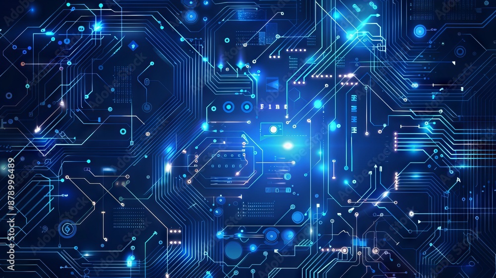 Abstract AI circuit board background. Technology connected blue lines with electronics elements on tech bg. Computer motherboard with a chip, processor, and semiconductor. Digital illustration Abstract AI circuit board background. Technology connected blue lines with electronics elements on tech bg. Computer motherboard with a chip, processor, and semiconductor. Digital illustration