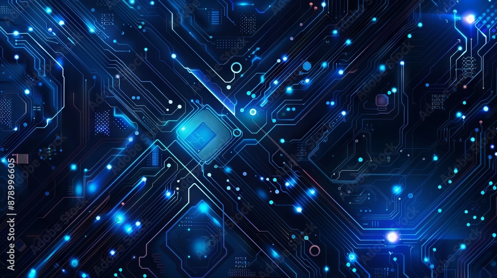 Abstract AI circuit board background. Technology connected blue lines with electronics elements on tech bg. Computer motherboard with a chip, processor, and semiconductor. Digital illustration Abstract AI circuit board background. Technology connected blue lines with electronics elements on tech bg. Computer motherboard with a chip, processor, and semiconductor. Digital illustration