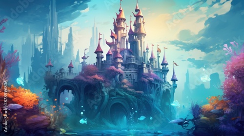 Enchanting Underwater Palace: Mermaid Princesses in Whimsical Children's Book Illustration Style