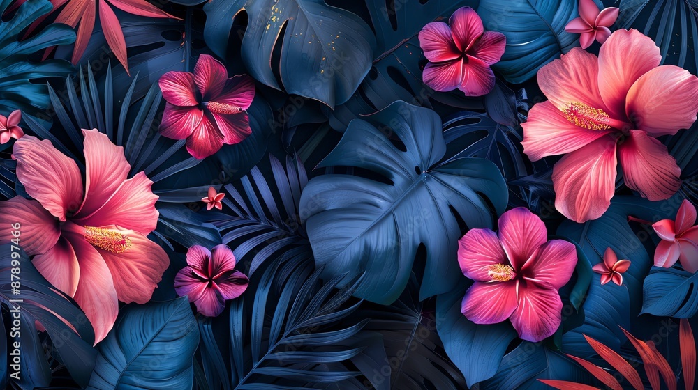 High-resolution seamless pattern of tropical leaves and flowers, High-resolution seamless pattern of tropical leaves and flowers,