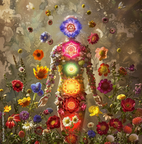 a beautiful picture of a persons body surrounded by flowers and showing the 7 chakras on the body with the representing colors