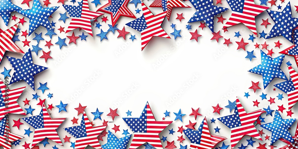 Fototapeta premium Frame filled with colorful stars and stripes to celebrate USA Independence Day, celebration, patriotic, American, holiday, festive, red
