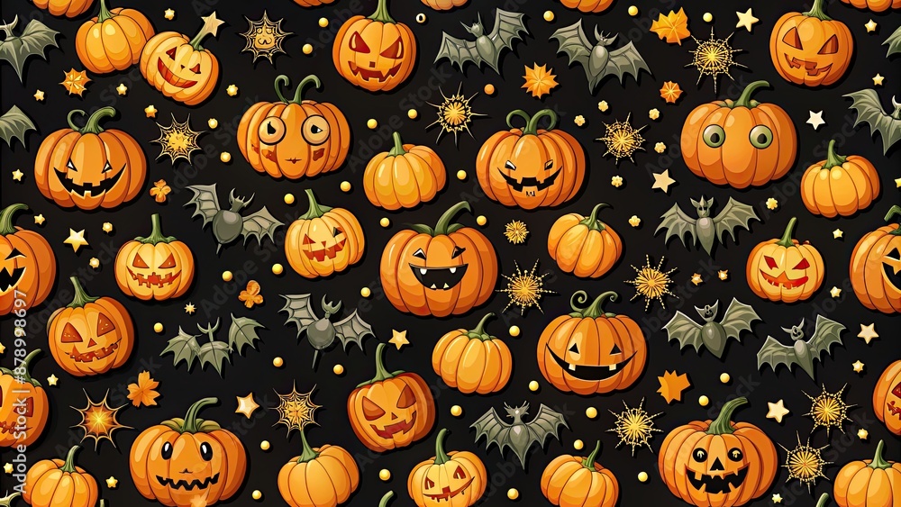 Halloween pumpkin seamless pattern with cute and spooky pumpkins, bats, and spiders on a black background, halloween, pumpkin Halloween pumpkin seamless pattern with cute and spooky pumpkins, bats, and spiders on a black background, halloween, pumpkin