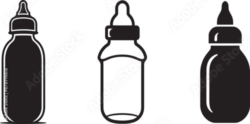 Set of three 2D black silhouette illustrations of baby bottles. Minimalist design perfect for parenting, childcare, and baby product themes.