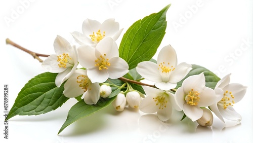 Branch of Jasmine's (Philadelphus) flowers isolated on white background.