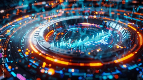 Wallpaper Mural Futuristic digital interface with vibrant data visualizations, technology elements and neon lights, representing innovation and advanced analytics. Torontodigital.ca