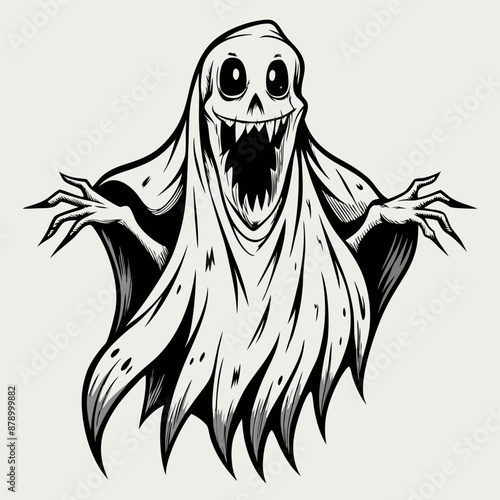 Spooky Ghost Illustration with Open Mouth and Wide Eyes in Black and White