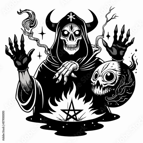 Dark Sorcerer Performing Ritual with Skull Illustration in Black and White
