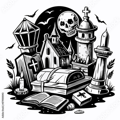 Spooky Graveyard Scene with Skull, Tombstones, and Haunted Church Illustration