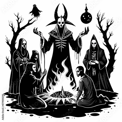 Dark Ritual Illustration with Hooded Figures and Mysterious Symbols in Monochrome