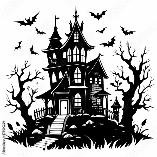Spooky Haunted House Illustration with Flying Bats and Bare Trees