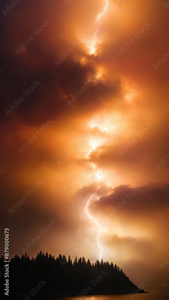 Obraz premium Generative AI, Thunderous Glow: A Striking Lightning Bolt Over a Forest