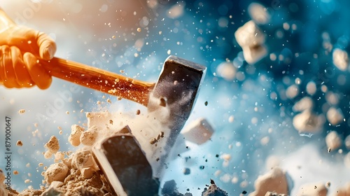 Construction Worker Wielding Sledgehammer to Demolish Old Building photo