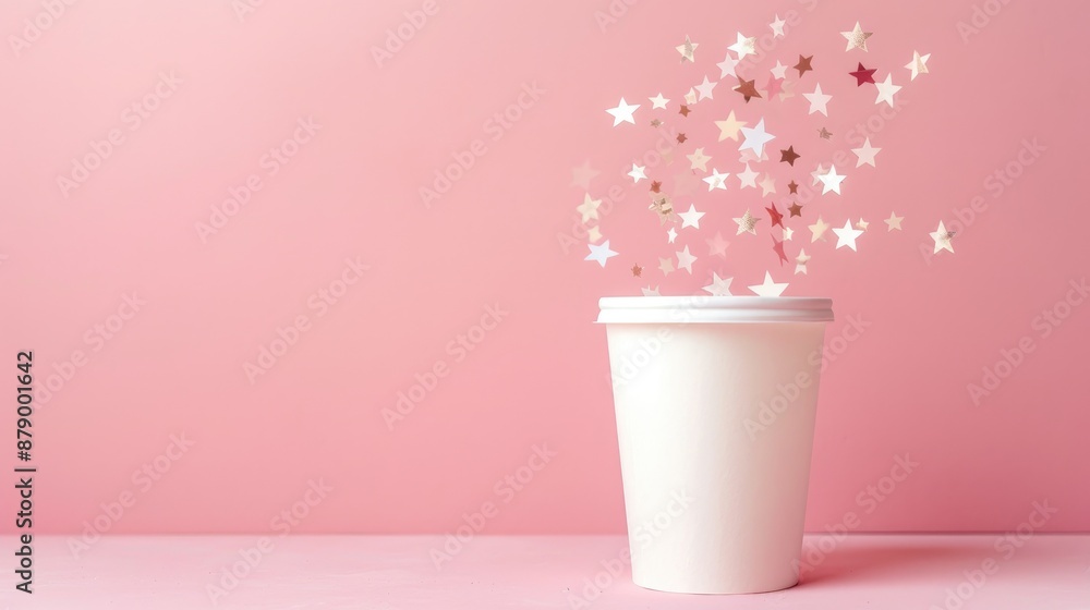 White paper cup adorned with stars falling against a pink backdrop White paper cup adorned with stars falling against a pink backdrop