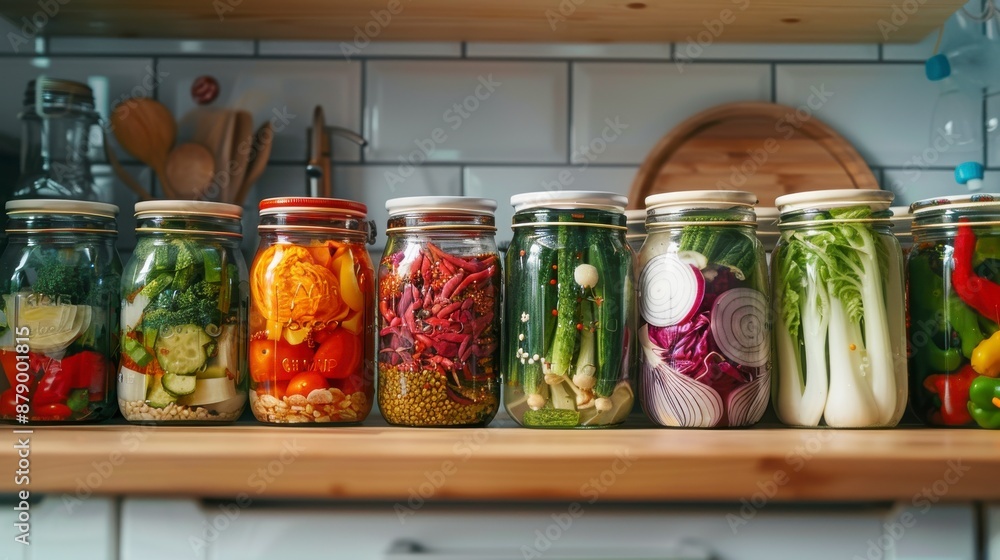 Various pickled vegetables sit on a kitchen counter Various pickled vegetables sit on a kitchen counter