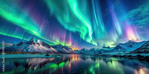 Vibrant aurora borealis dancing above snow-capped mountains, Northern lights, aurora, borealis, mountains, snow