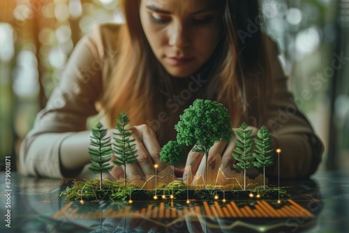 Woman's Hands Reaching for Growing Trees Overlaid with Data and Charts.