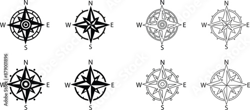 Compass flat, Outline icons Set. Monochrome navigational compass with cardinal directions of North, East, South, West. Nautical wind rose. Geographical position, cartography on transparent background.