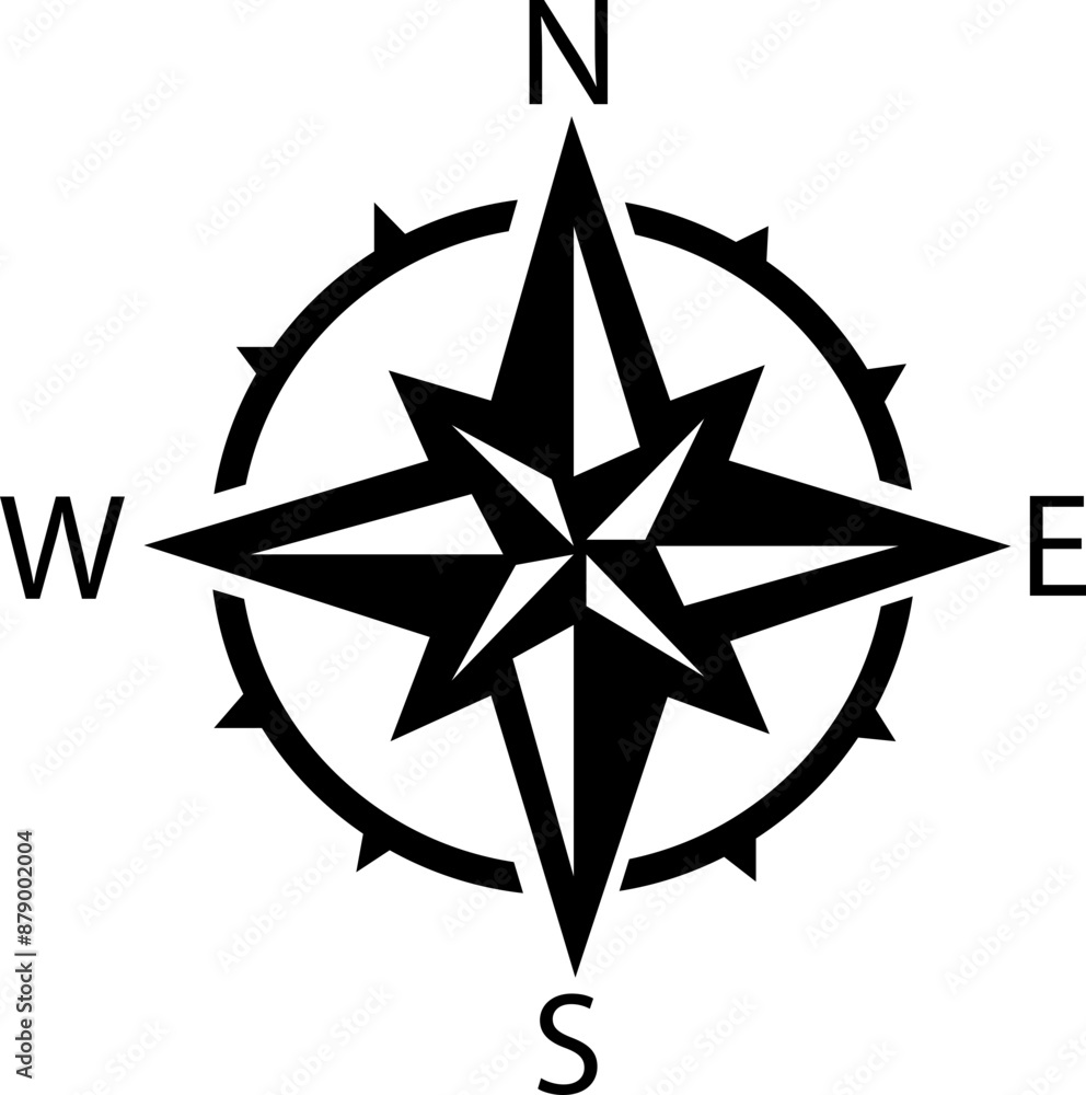 Compass flat icon. Monochrome navigational compass with cardinal directions of North, East, South, West. Nautical wind rose fill icon. Geographical position, cartography on transparent background. Compass flat icon. Monochrome navigational compass with cardinal directions of North, East, South, West. Nautical wind rose fill icon. Geographical position, cartography on transparent background.