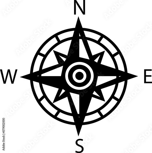 Compass flat icon. Monochrome navigational compass with cardinal directions of North, East, South, West. Nautical wind rose fill icon. Geographical position, cartography on transparent background.